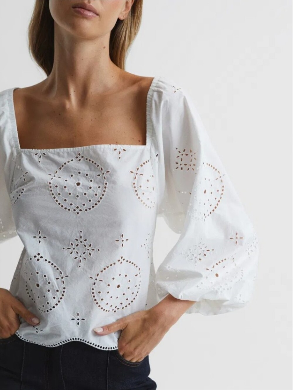 REISS Becci Embroidered Eyelet Blouse in White Size 6
